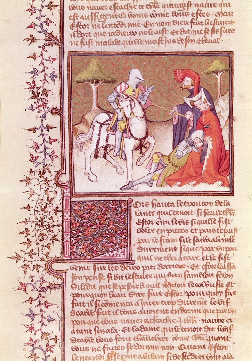 Ms 3479 fol.516 A tak vytáhl kopí z umírajícího rytíře, z Livre de Messire Lancelot du Lac od French School