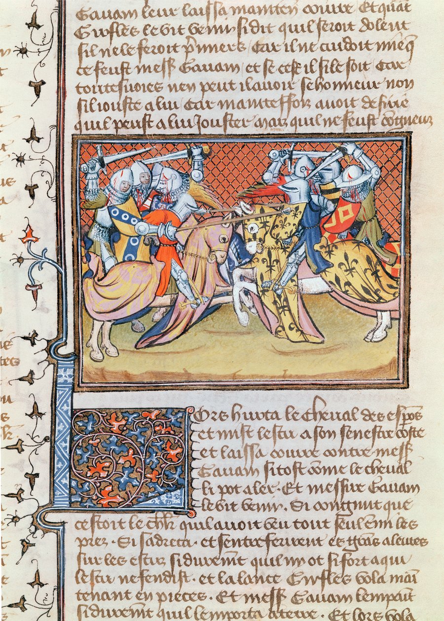 Ms 3479 t.1 fol.539 Když se koně střetnou, z Livre de Messire Lancelot du Lac od French School