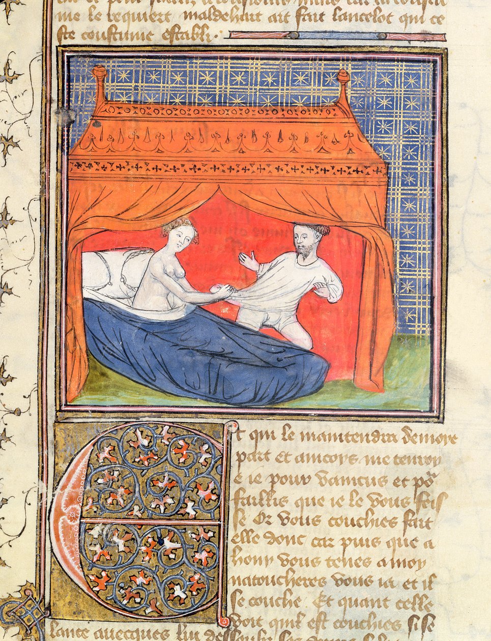 Paní 3480 Lancelot se pokouší utéct ženě v posteli z Livre de Messire Lancelot du Lac od French School