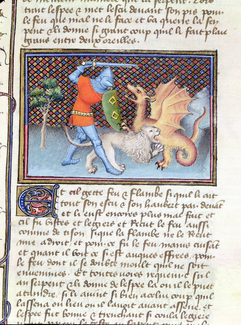 Paní 3480 Yvain, rytíř se lvem, bojující s drakem, miniatura od Romana de Lancelot od French School