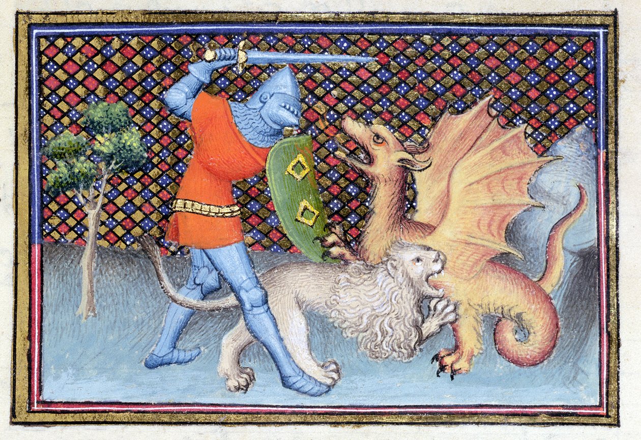Ms 3480 Yvain, rytíř se lvem, boj s drakem, miniatura od Romana de Lancelot, detail od French School