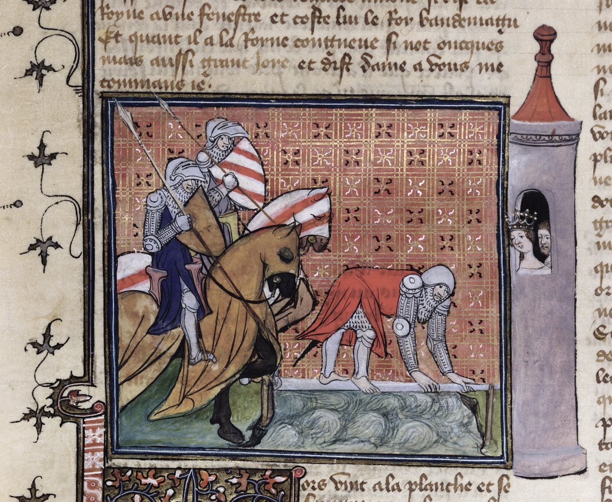 Ms 3480 fol. 77 Lancelot Přechod přes mečový most z Livre de Messire Lancelot du Lac od French School