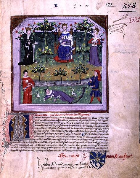 Ms 3522 fol.1 Autor předstírá, že spí, je svědkem hádky mezi rytířem a biskupem, ze „Somnium Viridarii“ (Le Songe du Vergier) zkomponované v roce 1376 podle řádu Karla V. (1338-80) (vellum ) od French School