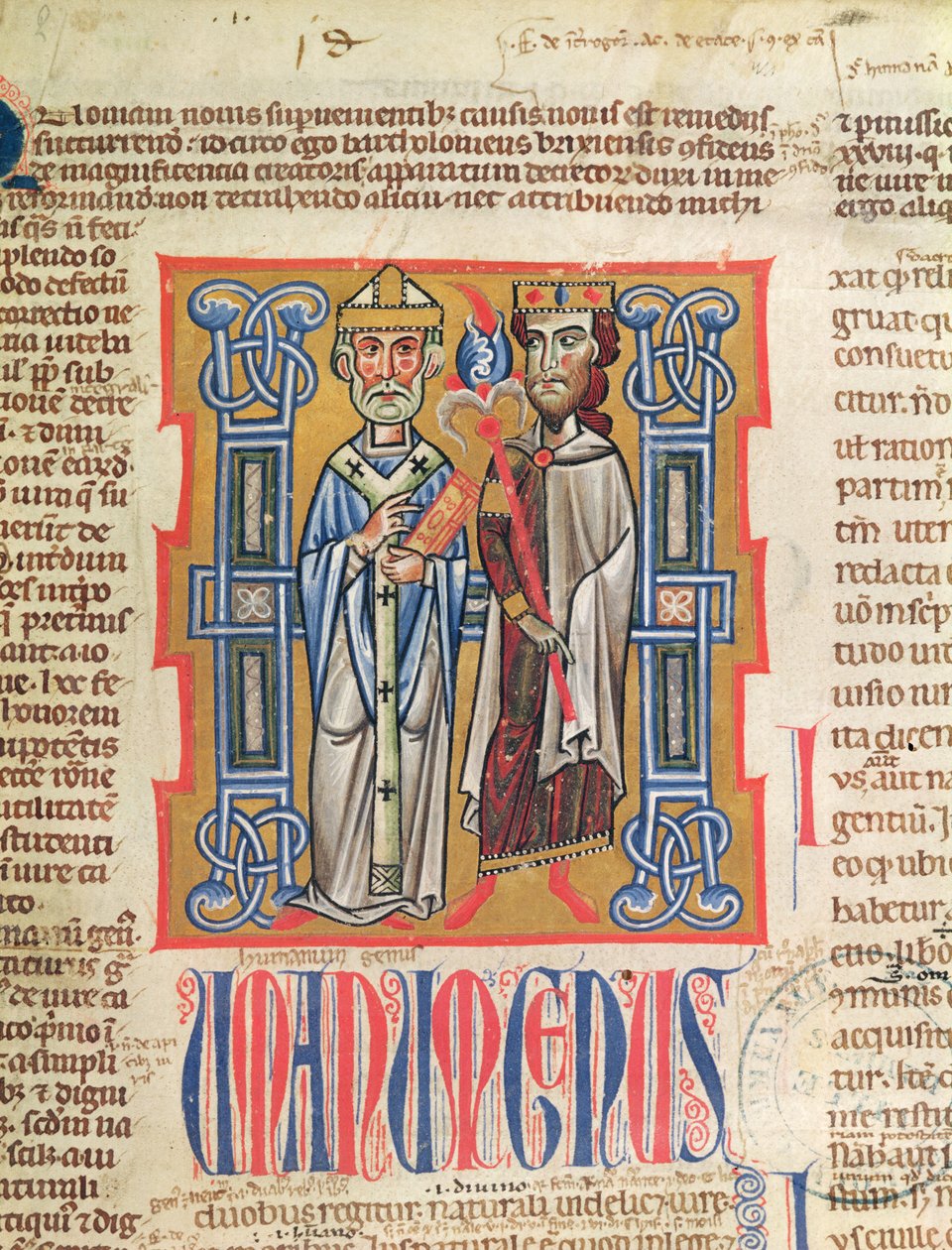 Ms 354 fol.9 Miniatura biskupa a krále z Decretum Gratiani, 14. stol. od French School