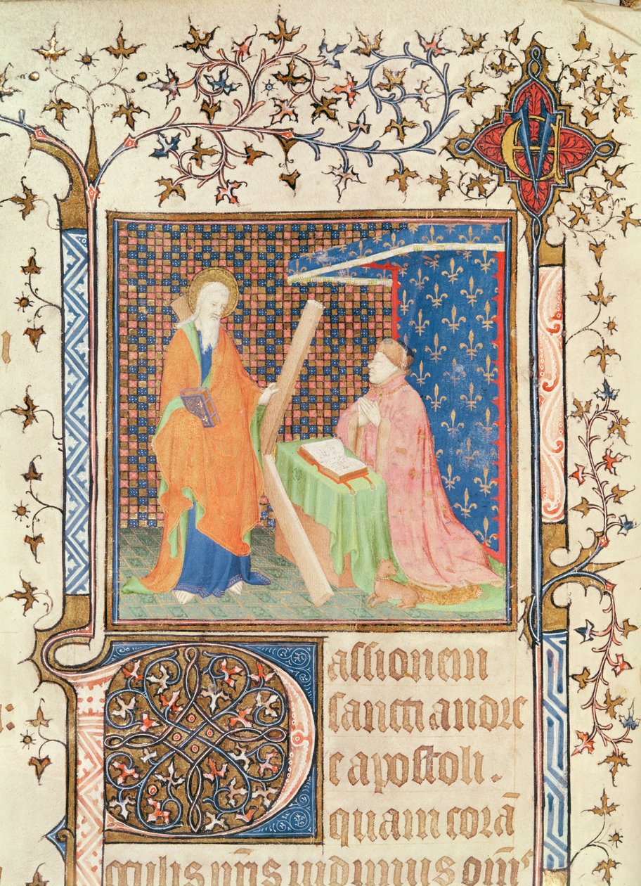Ms 35 fol. 17v Jean de France (1340-1416) Duc de Berry Modlící se před sv. Ondřejem, z Lectionary Sainte-Chapelle de Bourges, kolem 1404-10 od French School