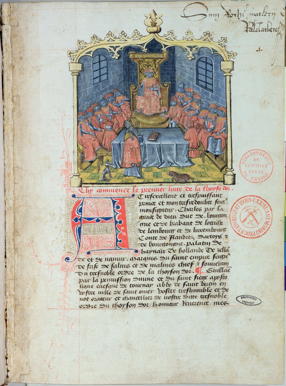 Ms 363 Karel Smělý (1433-1977), burgundský vévoda a rytíři Řádu zlatého rouna, z knihy Dějiny zlatého rouna od Guillauma Filastreho, polovina 15. století (viz také 1 od French School