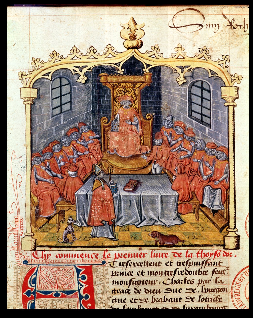 Ms 363 Charles Smělý (1433-77) vévoda z Burgundska a rytíři Řádu zlatého rouna, z Historie zlatého rouna od Guillauma Filastra, polovina 15. století (viz také 1 od French School