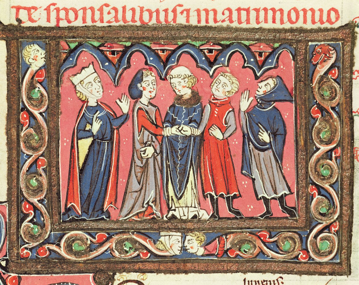 Ms 364 fol.166 Manželství, ilustrace z komentářů Johannese Andreae k papežským dekretám od French School