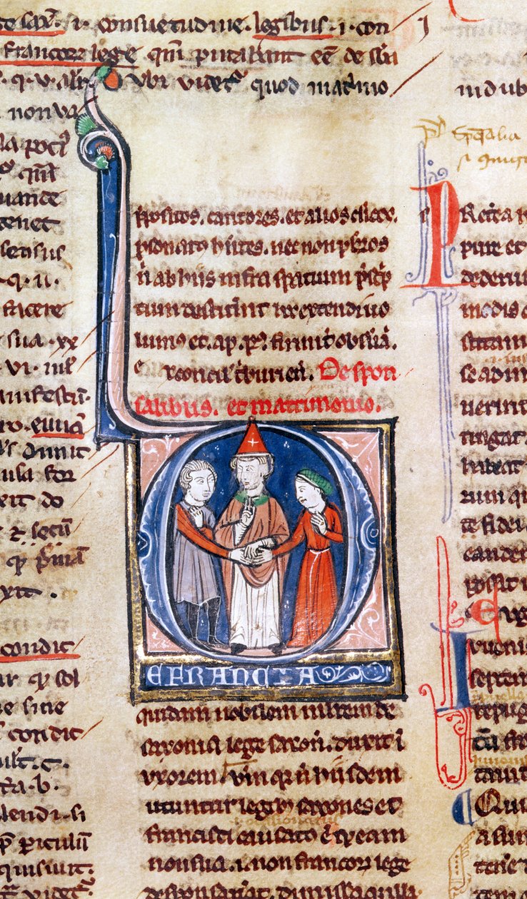 Ms 365 fol.318v Historická iniciála D zobrazující manželství, z Dekretálů Řehoře IX. od French School