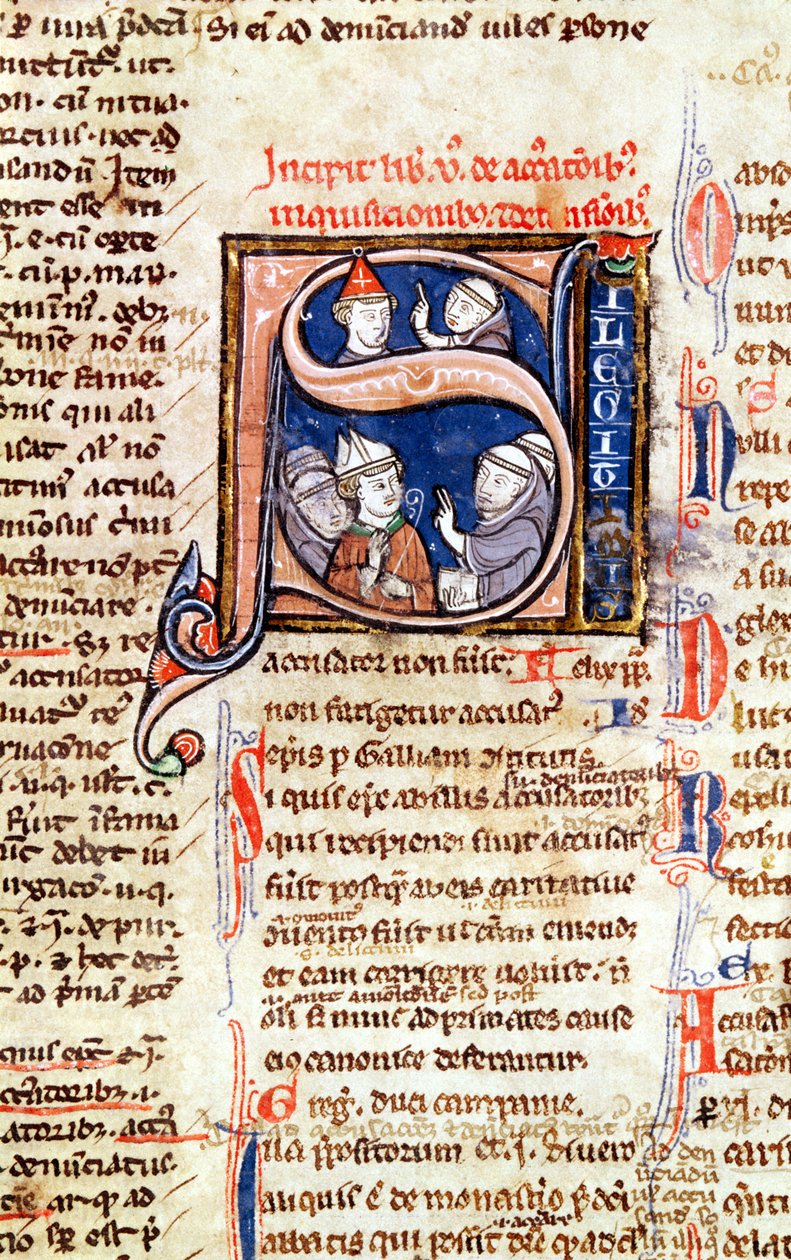 Ms 365 fol.350 Historická iniciála S zobrazující papeže Řehoře IX. (1220-50) s biskupy a opaty, z Dekretálů Řehoře IX. od French School