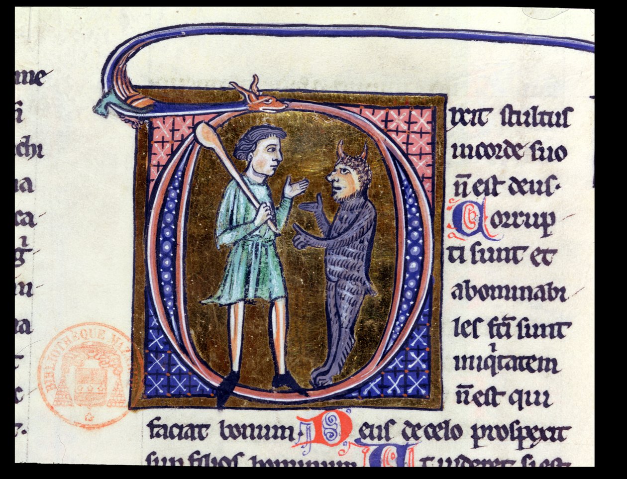Ms 36 Historická iniciála D zobrazující muže s ďáblem z latinské bible od French School