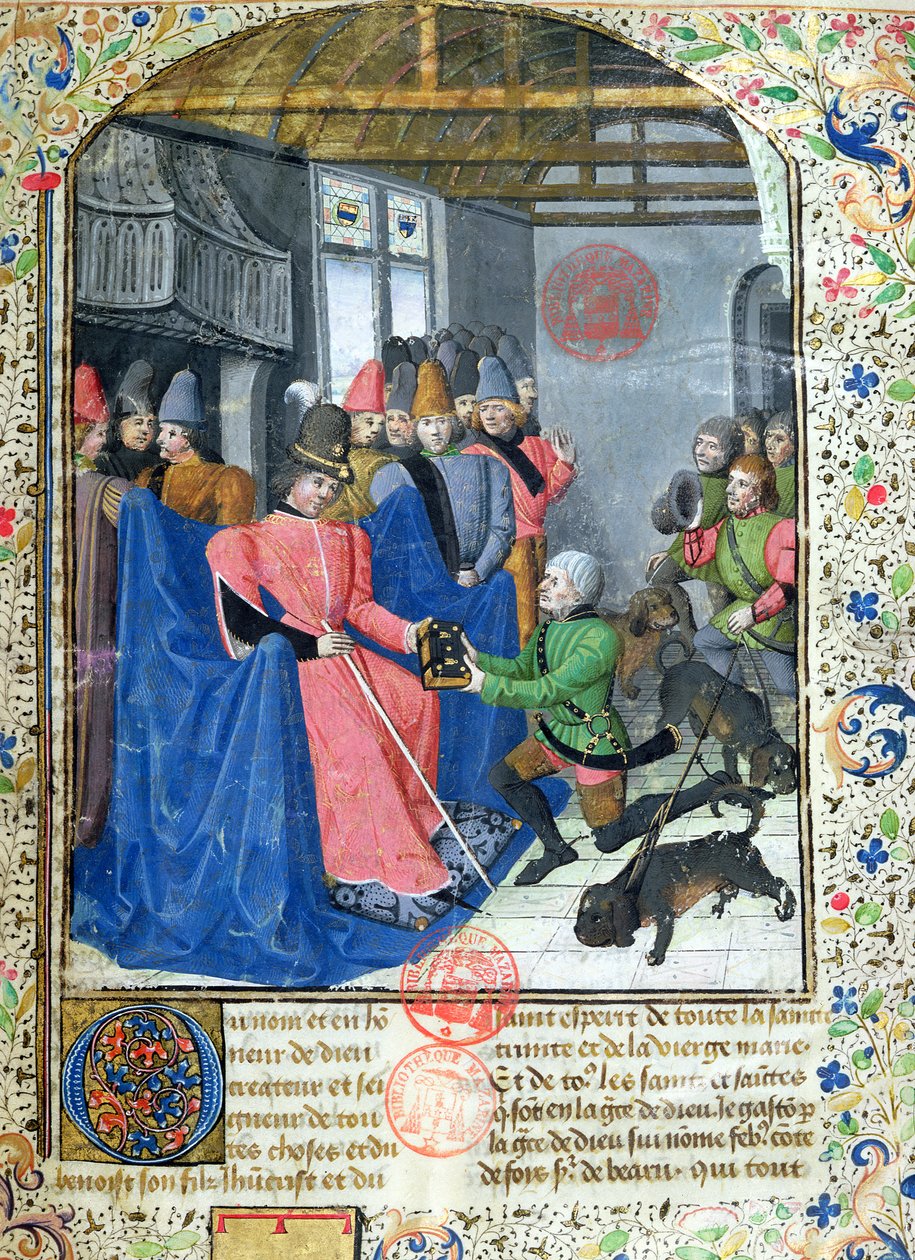 Ms 3717 Lovec předává autorovi výtisk svého pojednání o lovu, z knihy Livre de la Chasse od Gastona Phebuse de Foix (1331-91) od French School