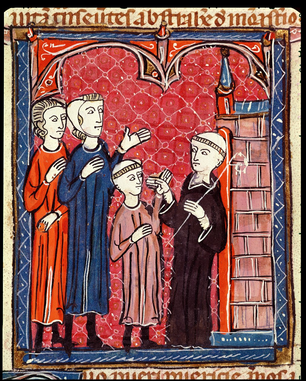 Ms 372 f.53r Dítě přivedené do kláštera svými rodiči, z Decrets de Gratien od French School