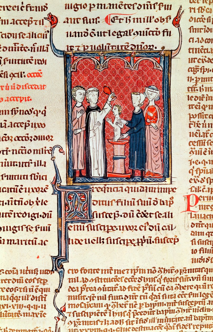 Ms 372 fol.161 Scéna z křtu, z Decrets de Gratien od French School