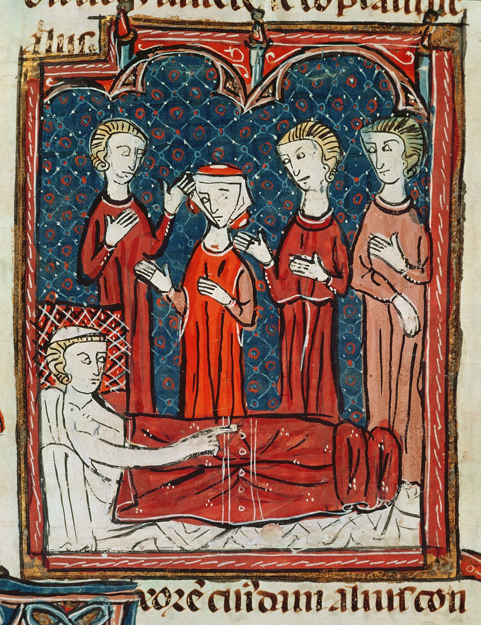 Ms 372 fol.165v Muž na lůžku pro nemocné, z Decrets de Gratien od French School