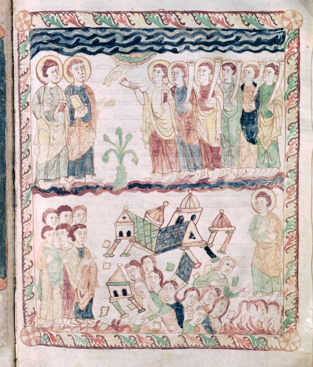 Ms 386 fol.25r Andělé s trubkami a země se třese, z Apokalypsy sv. od French School