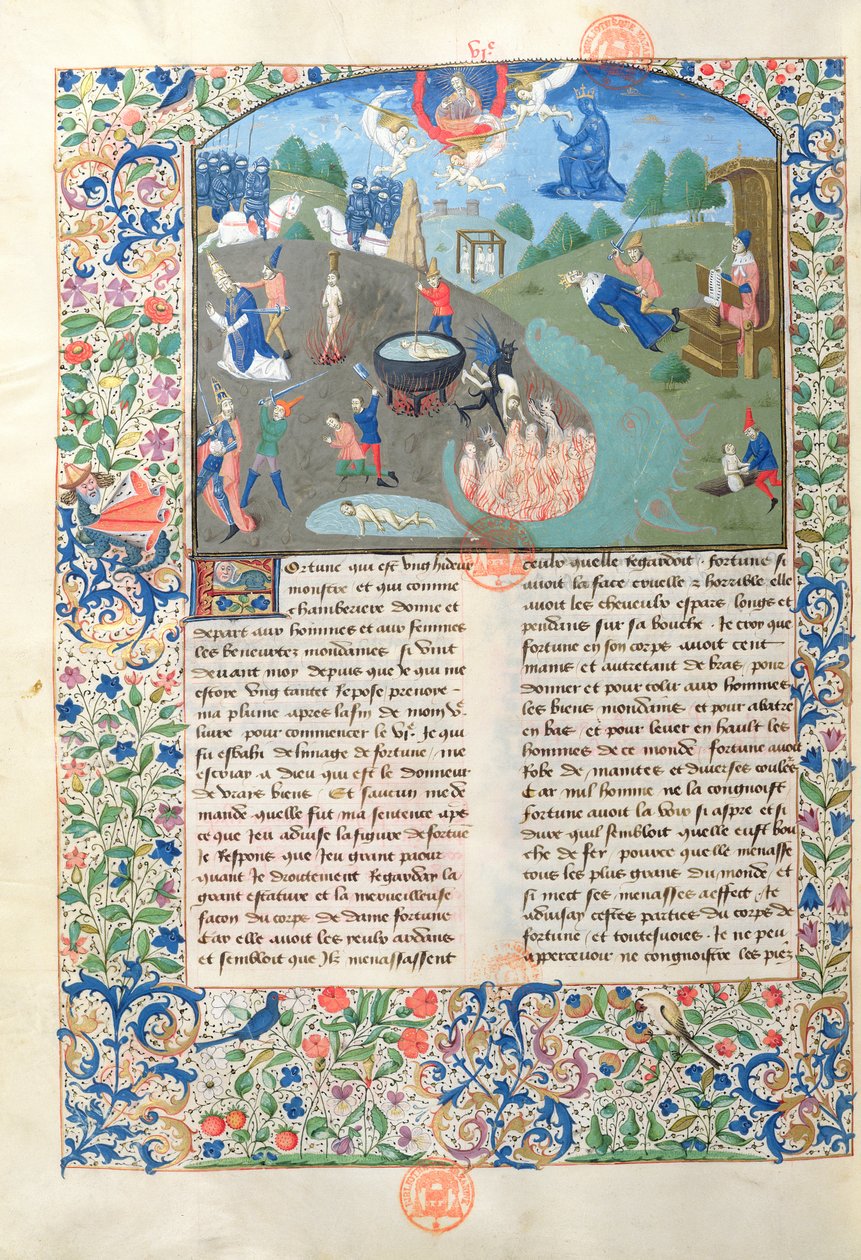 Ms 3878 Scény bitvy, zabíjení a pekla z De Casibus Virorum Illustrium od Giovanniho Boccacciho (1313-75) od French School
