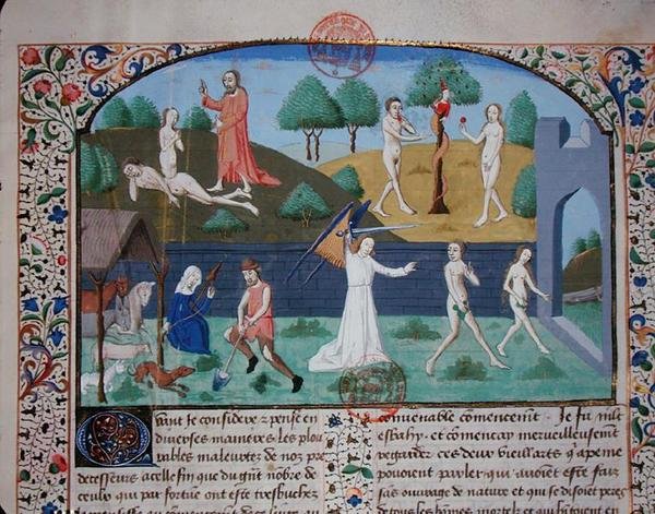 Ms 3878 Stvoření Evy, Pokušení a Vyhnání Adama a Evy, z „Des cas des nobles hommes et femmes“, od Giovanniho Boccaccia (1313-75) (vellum) od French School