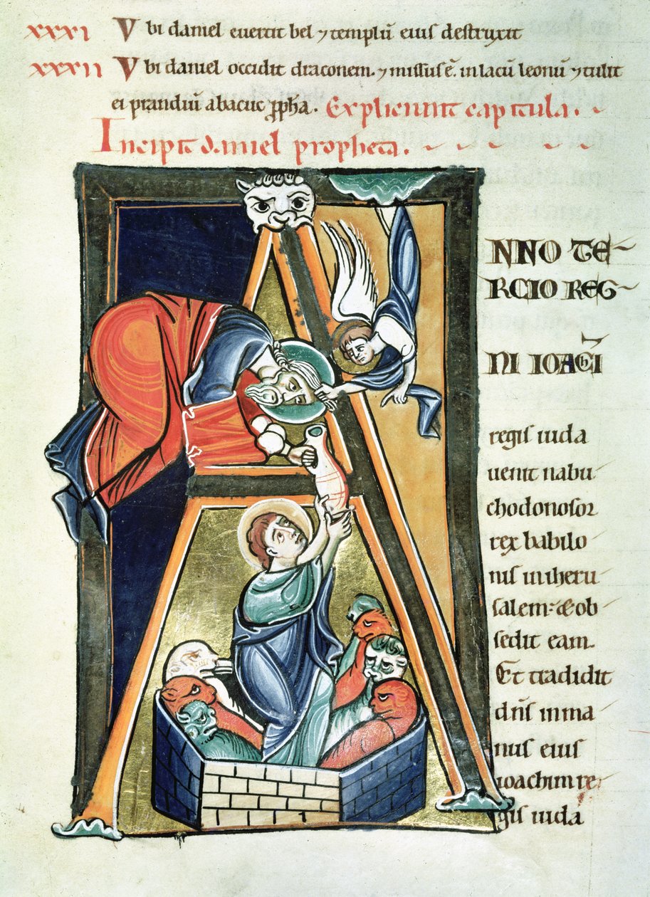 Ms 3 fol. 233 Historická iniciála A zobrazující Daniela ve Lví jámě, z Bible de Saint-Sulpice de Bourges od French School