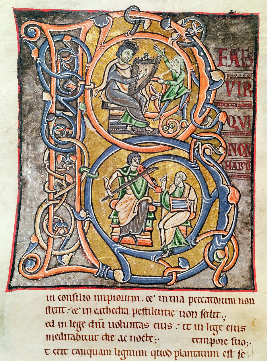 Ms 3 fol.255 Historická iniciála „B“ zobrazující krále Davida z „Bible de Saint-Sulpice de Bourges“ od French School