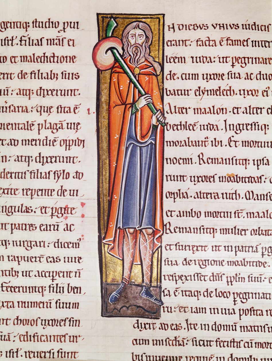 Ms 3 fol.76 Historická iniciála I zobrazující Elimelecha odcházejícího na cestu, z Bible de Saint-Sulpice de Bourges od French School
