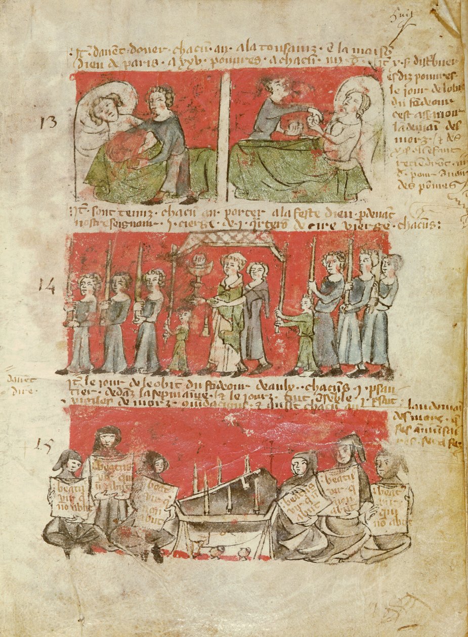 Ms 406 fol.6 Výjevy ze života studentů College of Hubant nebo Ave Maria, ze stanov College of Hubant, Paříž, 1387 od French School