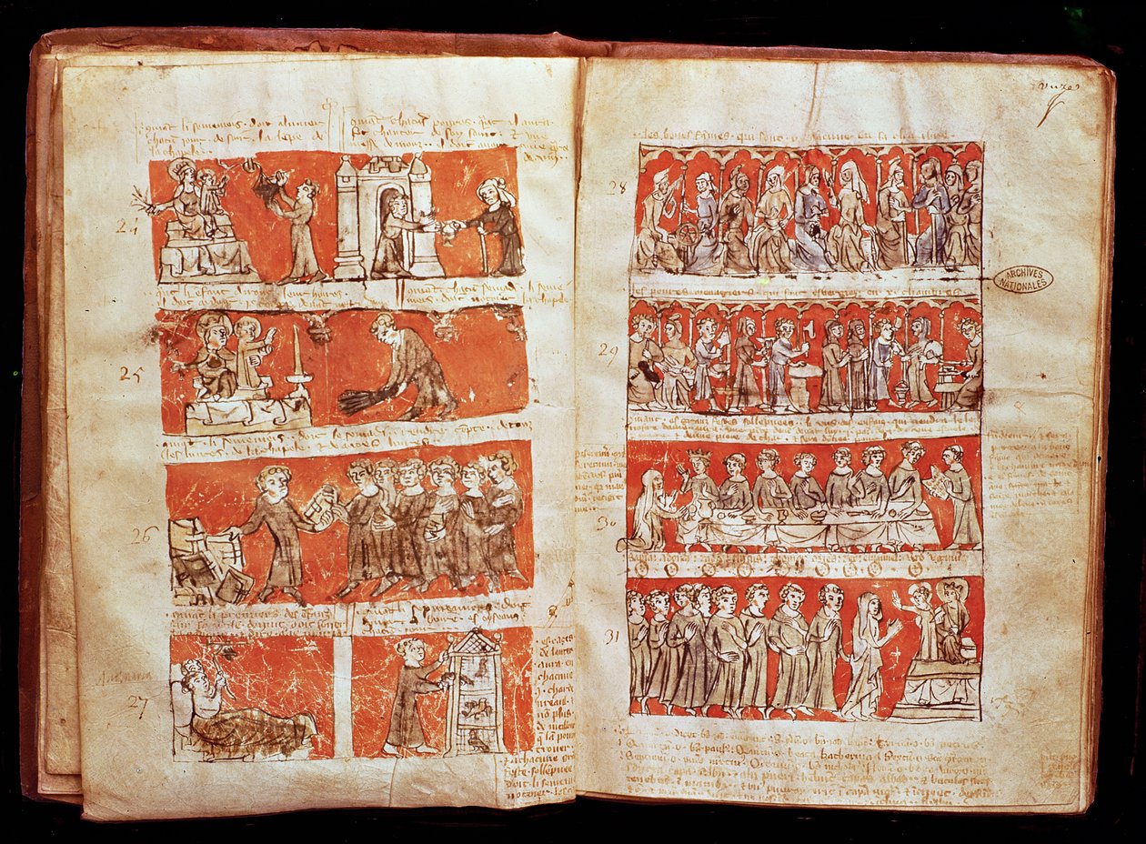 Ms 408 Scény ze života studentů v College of the Blessed Virgin v Paříži, ze statutu College of Hubant, 1387 od French School