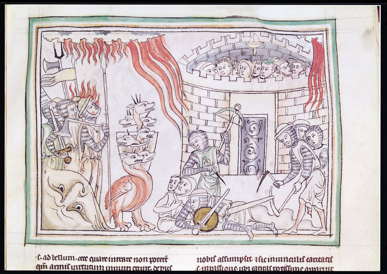 Ms 422 Fol.95r Nebeský oheň ničící armádu Satana, scéna z Apokalypsy od French School
