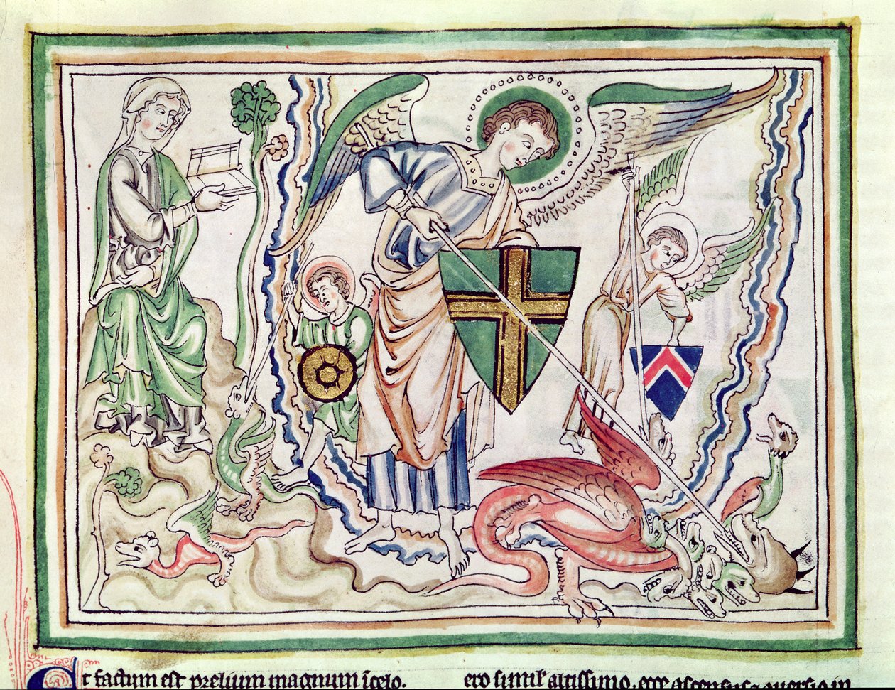 Ms 422 fol.47v St. Michael zabíjející draka, z Apokalypsy od French School