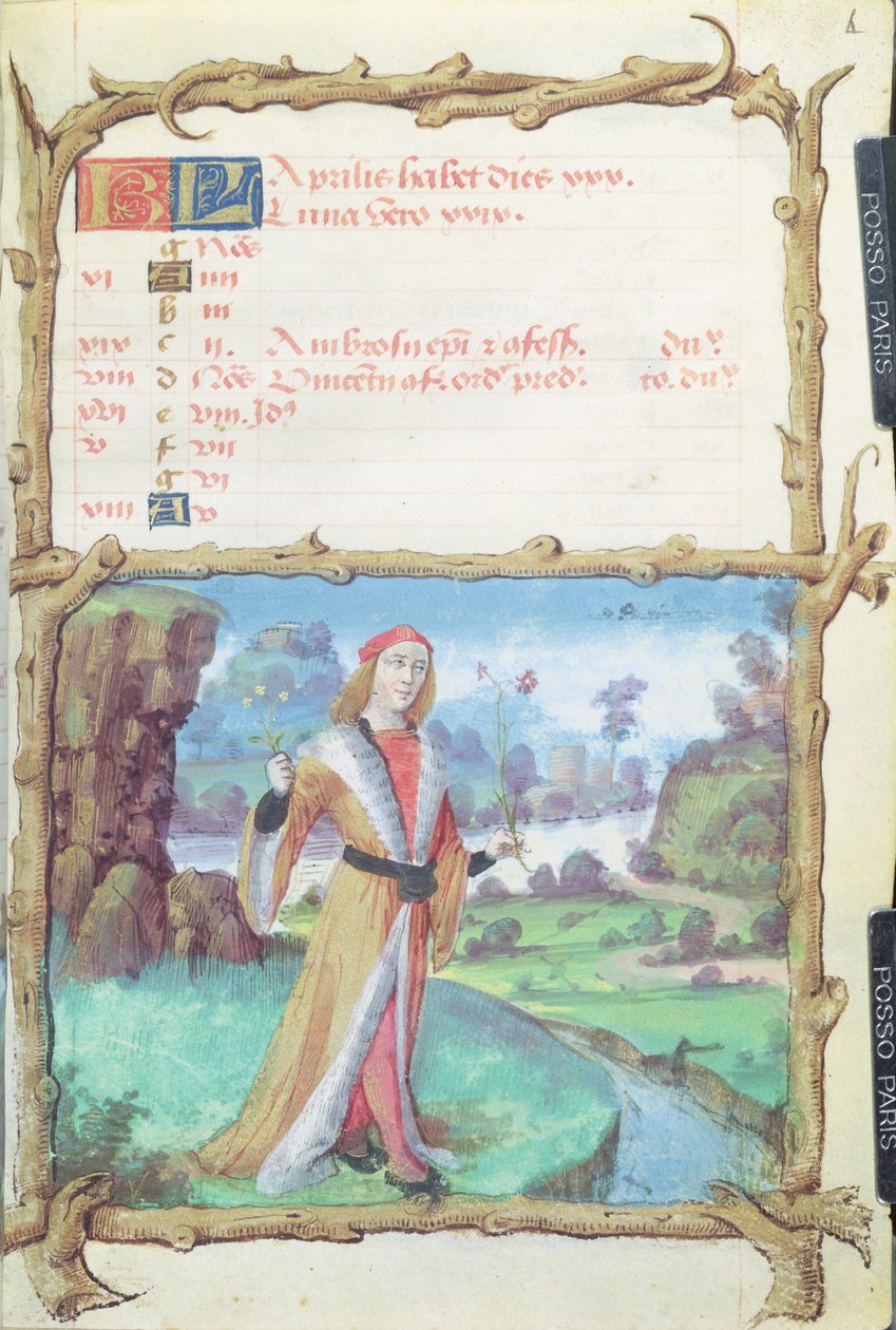 Ms 438 Měsíc dubna: Gentleman trhající květiny, z knihy hodin, 1490 od French School