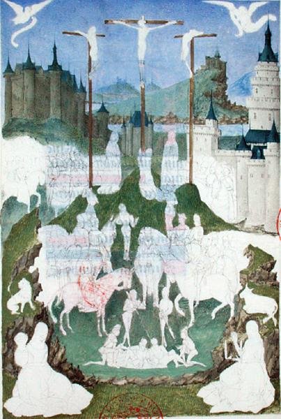 Ms 473 Ukřižování nebo Golgota, nedokončená miniatura z „Heures de Charles de France“, kolem 1466-69 (kvaš na papíře) od French School