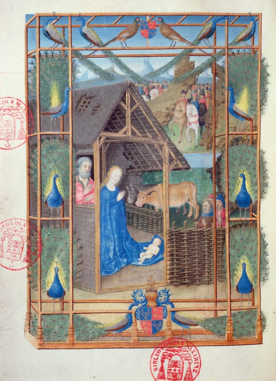 Paní 473 Narození Páně s pávy, miniatura z Heures de Charles de France, kolem 1466-69 od French School