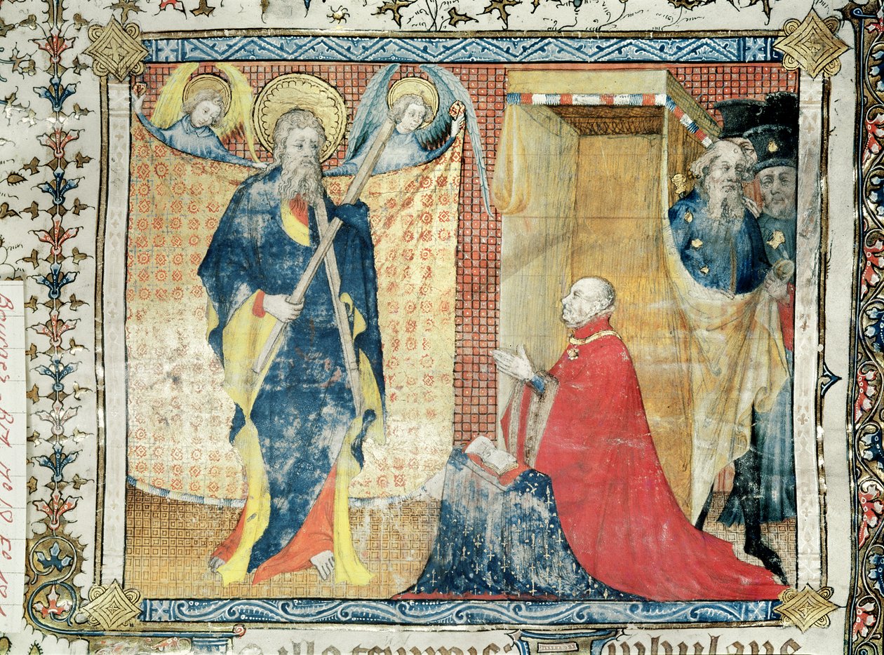 Ms 48 fol. 181 Jean de France (1340-1416) vévoda z Berry se modlí před svatým Ondřejem, z Lectionnaire de la Sainte-Chapelle de Bourges, kolem 1404-10 od French School