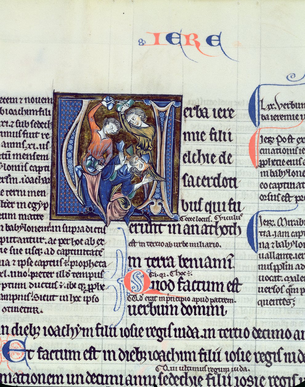 Ms 48 fol.95v Historická iniciála V zobrazující kamenování proroka Jeremiáše od French School