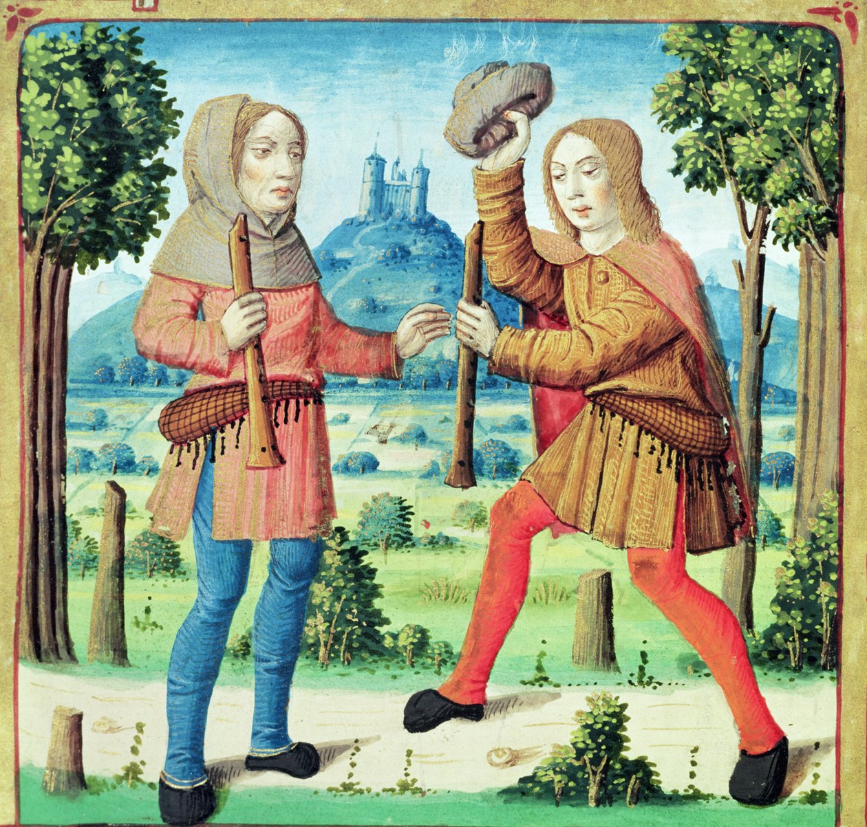 Ms 493 f.10v The Shepherds Dametas a Menalcas Navzájem se vyzývají k hudební soutěži, z The Eclogues od Virgilia s komentářem Servia, 1469 od French School
