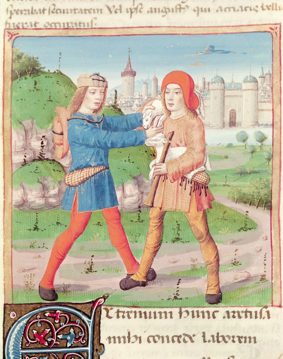 Ms 493 f.17 Výměna darů, z The Eclogues od Virgilia (70-19 př. n. l.) s komentářem Servia, 1469 od French School