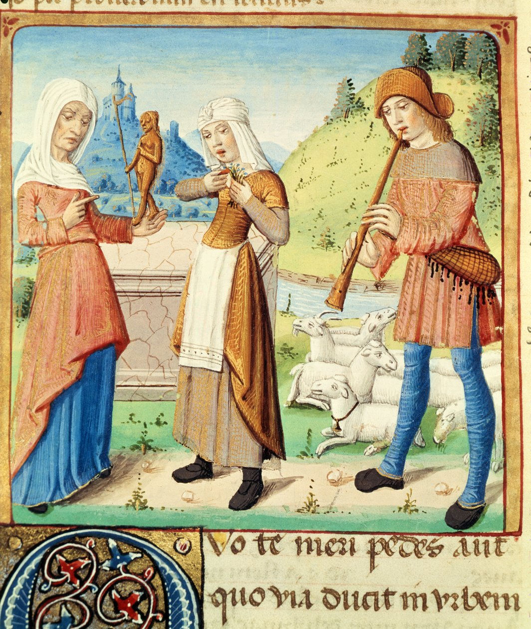 Ms 493 fol.15v Pastýř Menalcas a jeho neopětovaná láska, z Virgilových eklog s komentářem Servia, 1469 od French School