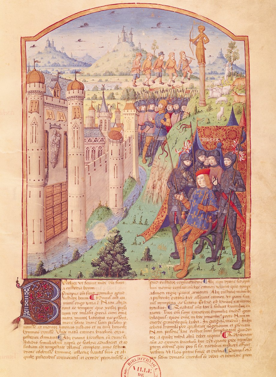 Ms 493 fol.1r Virgilova díla s komentářem Servia, Bukolici, král sedící na trůnu obklopený svými strážemi před opevněným městem, Francie, 1469 od French School