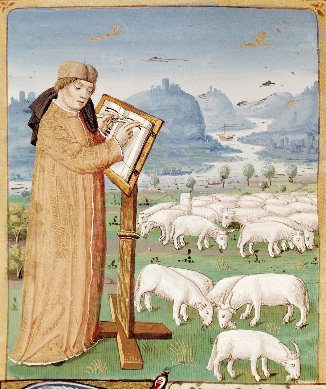 Ms 493 fol.37v Virgilův psaní na poli ovcí a koz, z The Georgics od Virgilia (70-19 př.nl) s komentářem Servia, 1469 od French School