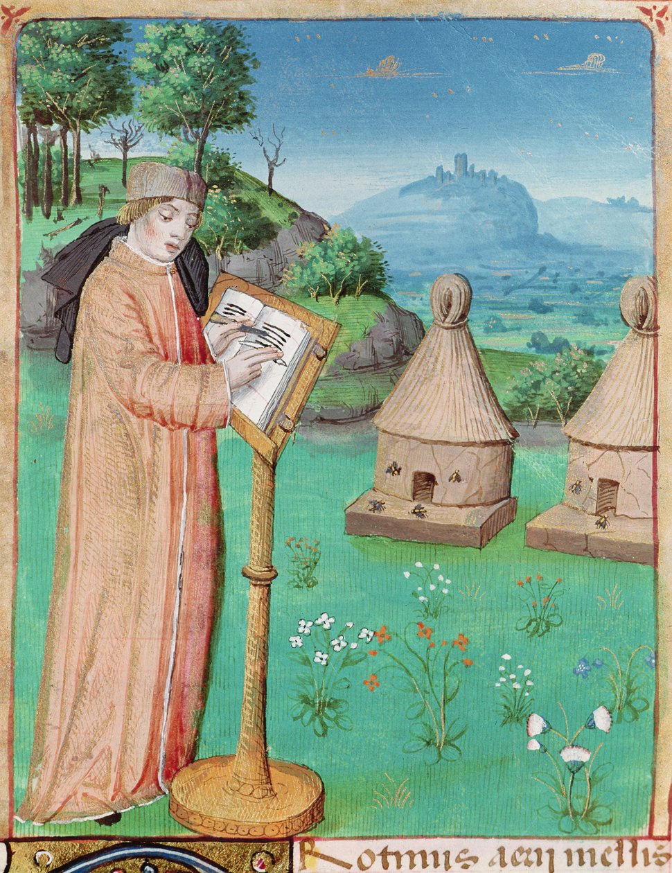 Ms 493 fol.45 Virgil (70-19 př. nl) píšící Život včel, z The Georgics od Virgilia s komentářem Servia, 1469 od French School