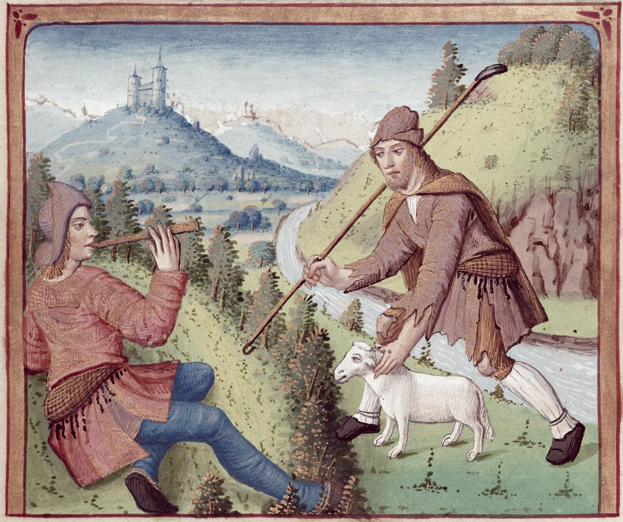 Ms 498 f.3v Tityrus se setkává s Meliboeem, z The Eclogues od Virgilia s komentářem Servia, 1469 od French School