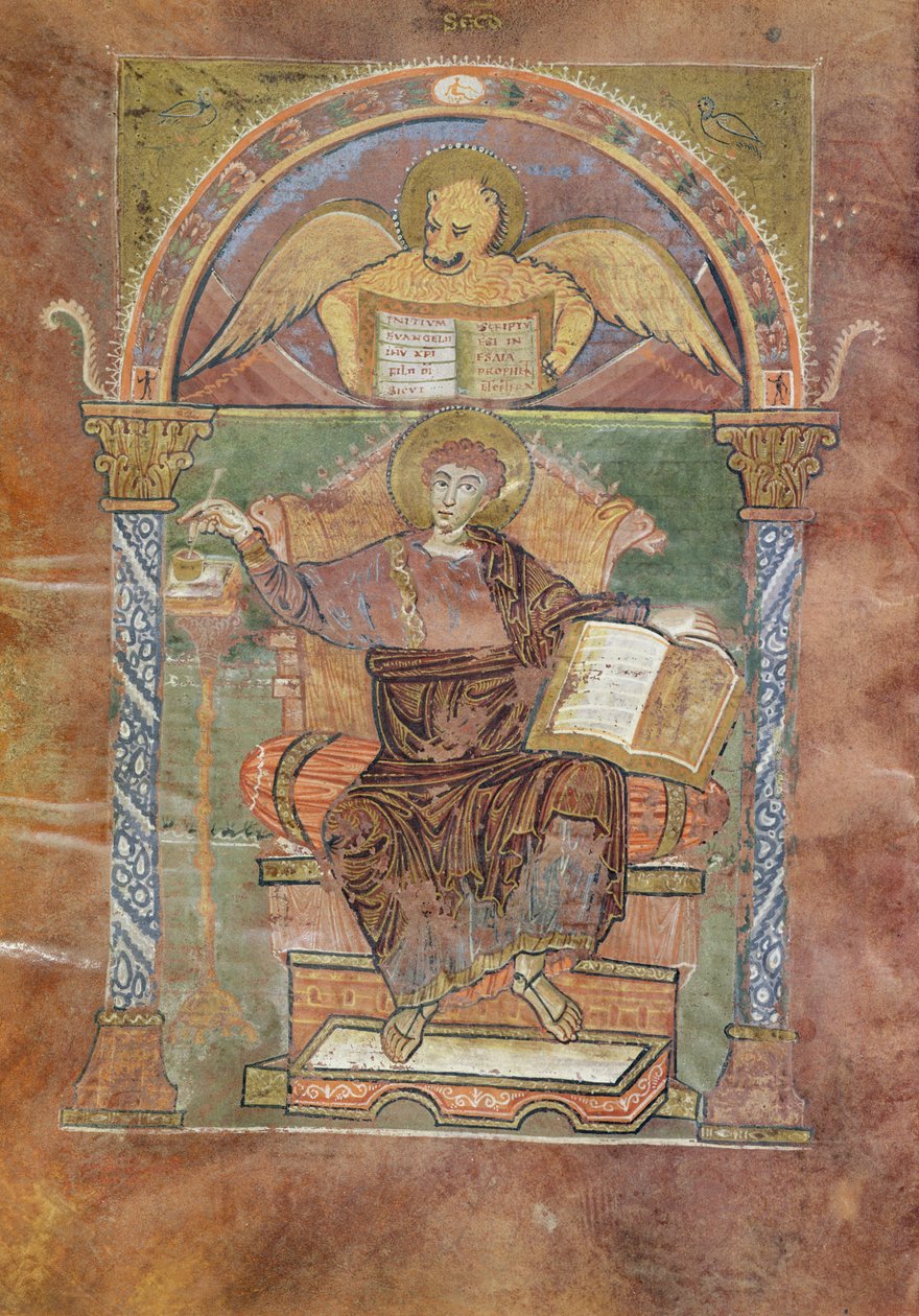 Ms 4 fol. 66v St. Mark, from the Gospel of St. Riquier, c.800 od French School