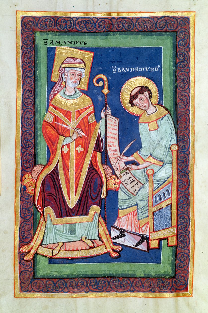 Paní 501 Fol.58 St. Amand vrací svitek svatému Baudemondovi ze Života a zázraků svatého Amanda od St. Baudemonda (asi 1150-1199) od French School