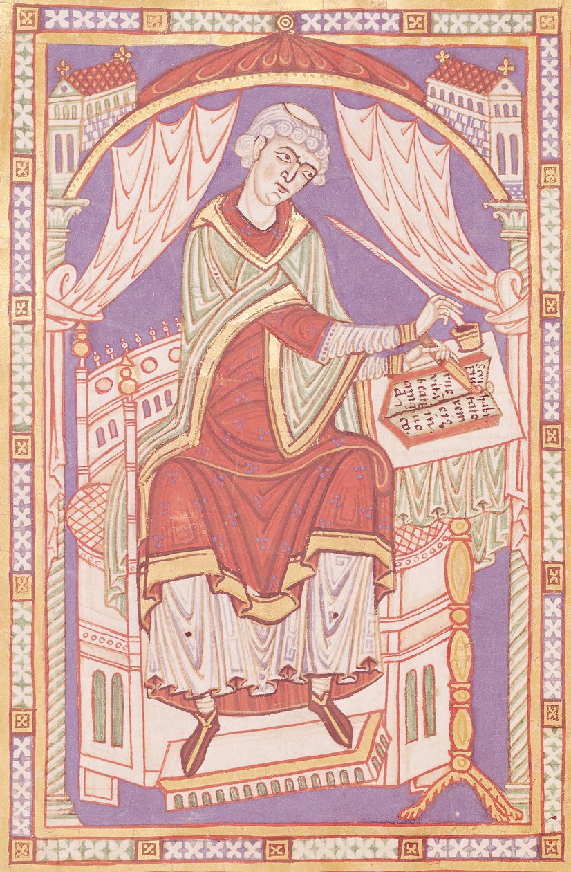 Ms 501 fol.5v Baudemond Writing, z Vie et Miracles de Saint Amand od French School