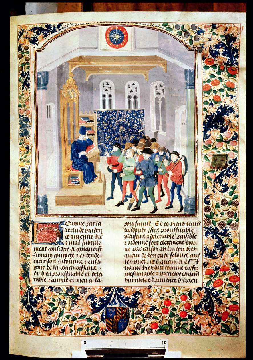 Ms 5064 fol.1r Autor představuje svou knihu rolníkům, z Livre des Prouffitz Champestres od Pietra de Crescenzi (1230-132021) od French School