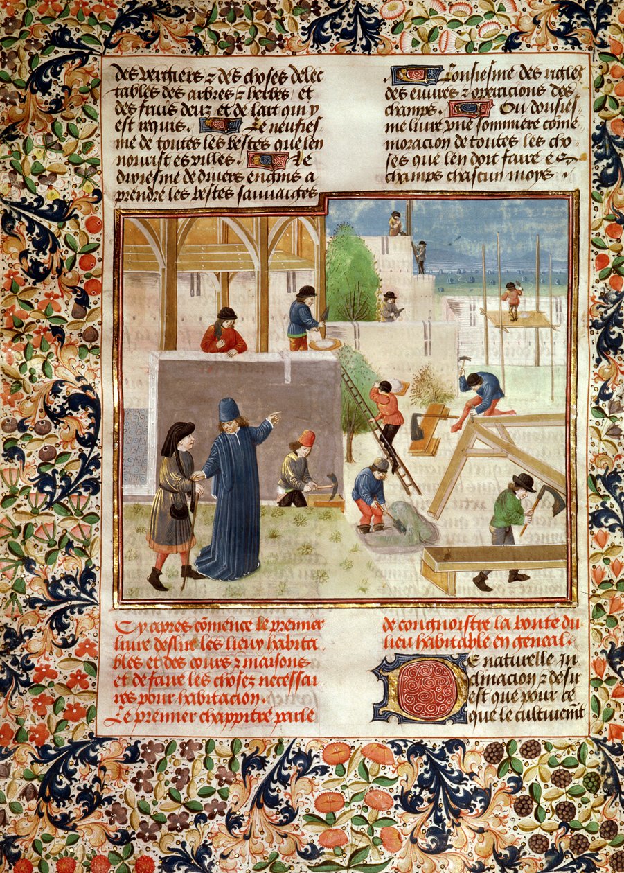 Ms 5064 fol.2v Stavba domu, z Livre des Prouffitz Champestres od Pietra de Crescenzi (1230-132021) od French School