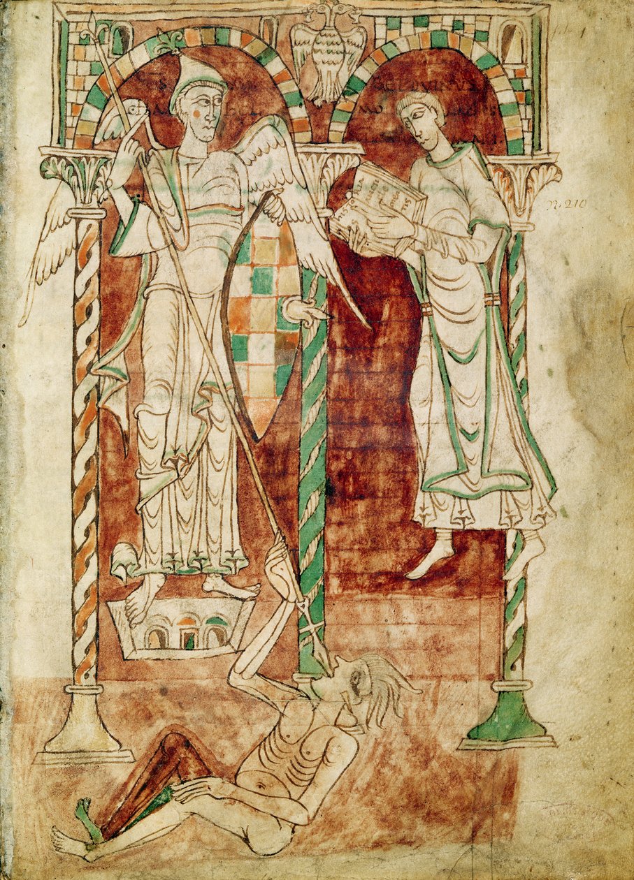 Ms 50 Fol.1v Kopista předkládá svou knihu svatému Michaelovi, z Poznání svatého Klementa od French School