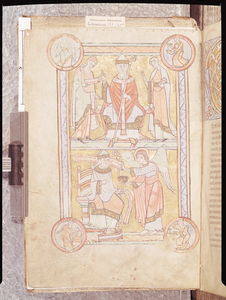 Ms 512 fol.4v Svatý Řehoř Veliký (asi 540-604) mezi svým otcem Gordienem a matkou Silvií a utopeným mužem jako andělem, z Liber Pastoralis od French School