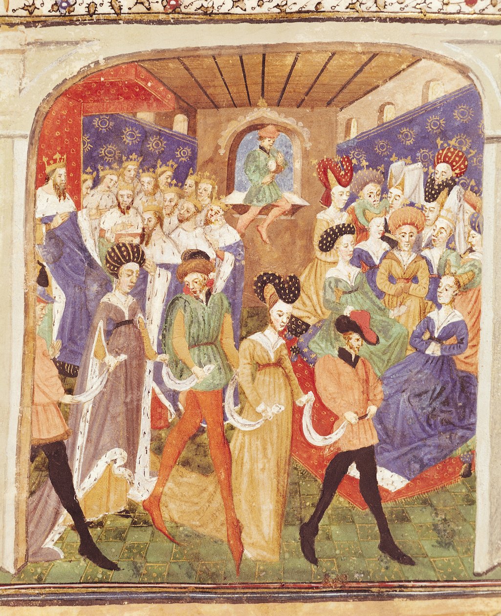 Ms 527 fol.1r Court Ball, od Roman du Saint Graal od French School