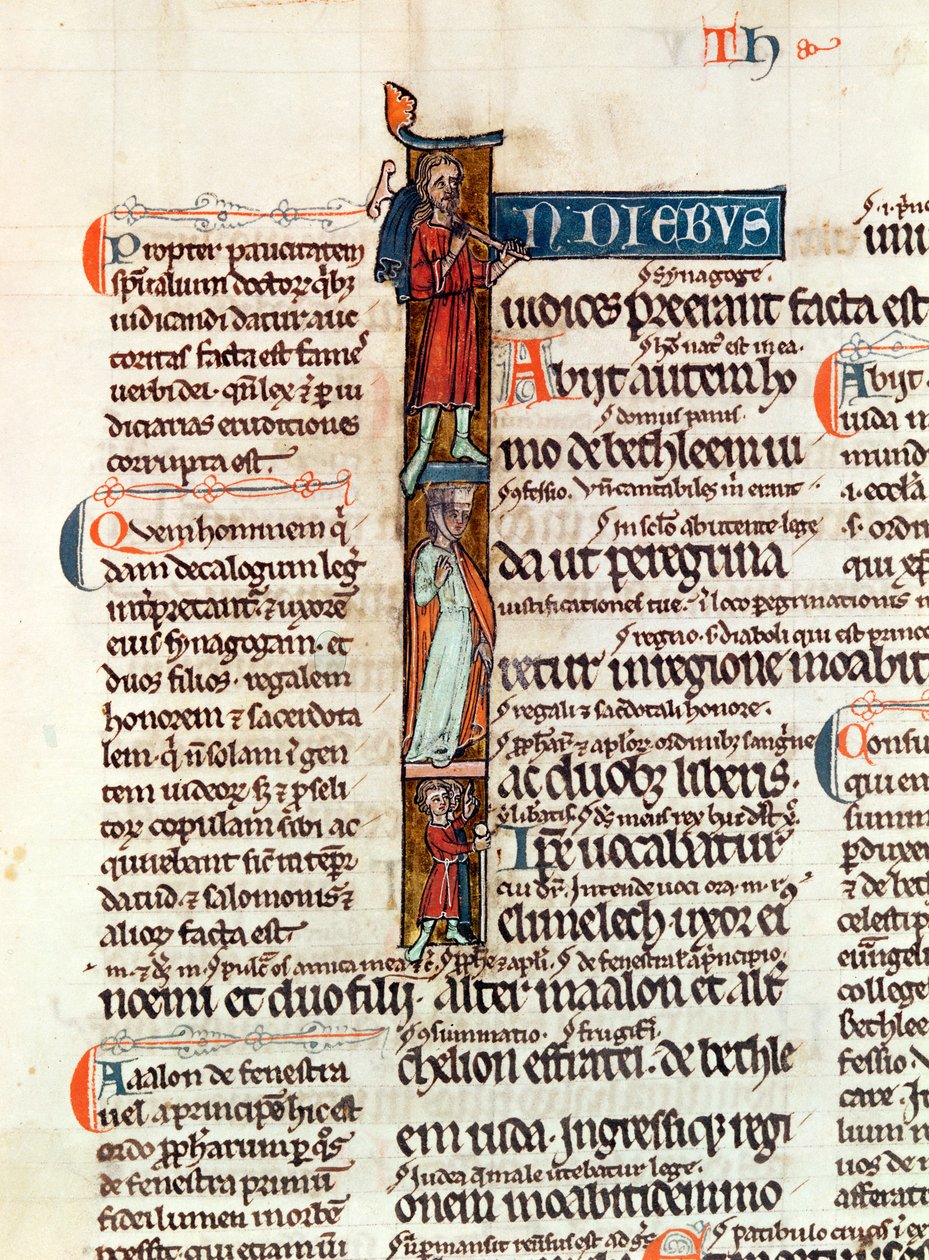 Ms 53 fol.29 Historická iniciála I zobrazující Ruth s manželem a syny, z Livre de Ruth od French School